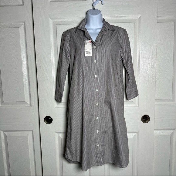 Uniqlo Women’s XSmall Brown Shirt Dress Oversize 100% Cotton Pinstripe Office - Picture 1 of 14